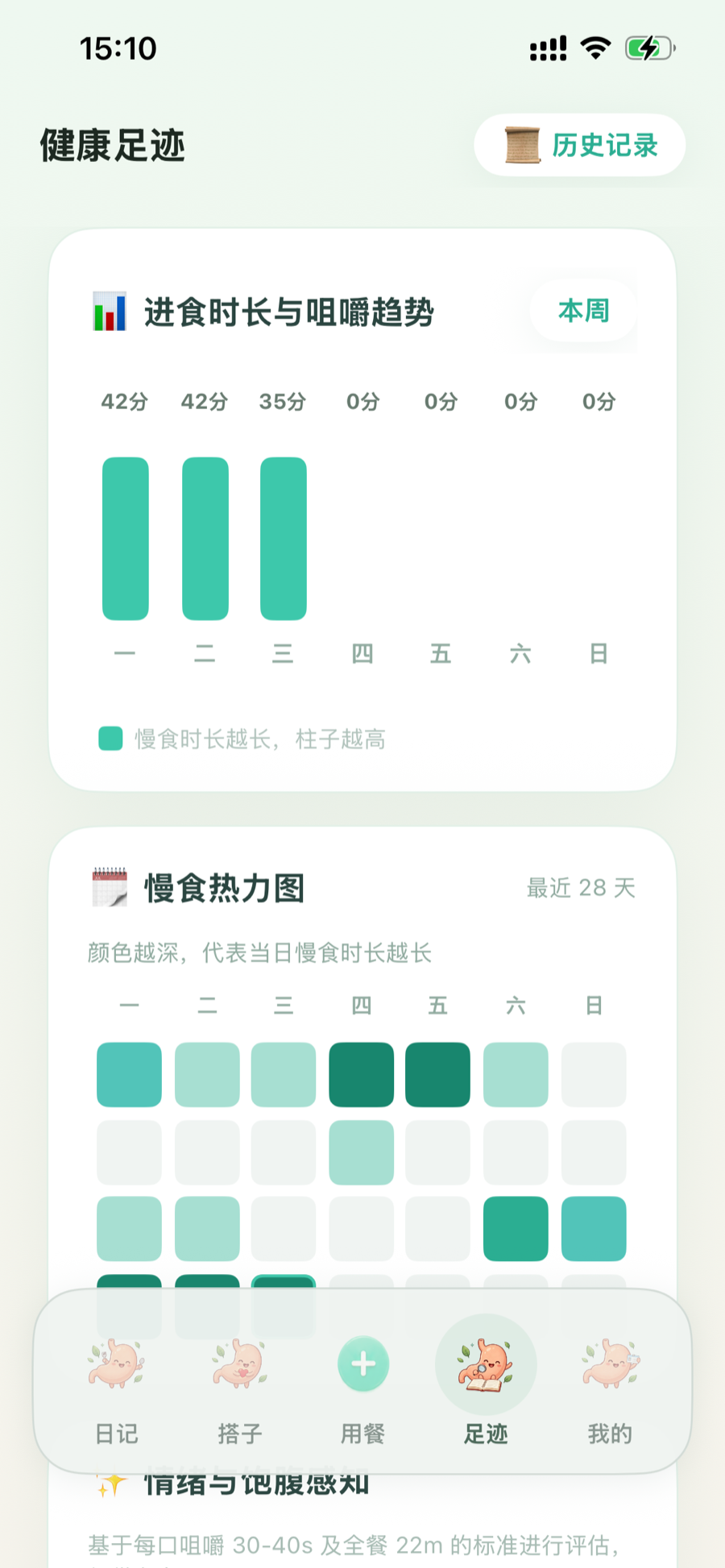 健康足迹页面中的进食时长趋势和慢食热力图